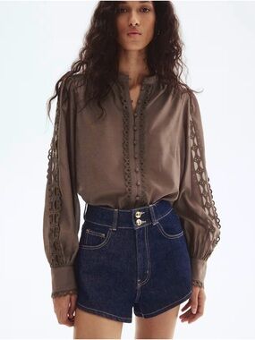H&M Lace Trimmed Long Sleeve Blouse Taupe Size XS NWT